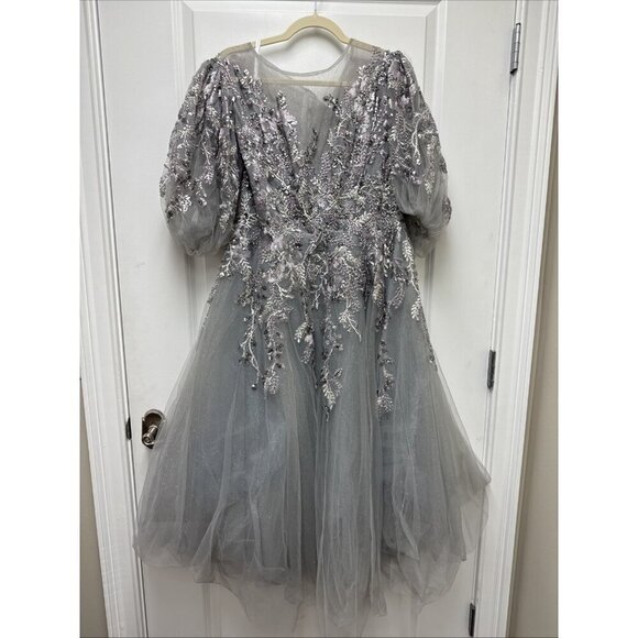 Mac Duggal Size 14 Gray 20475 Sequin Beaded Evening Midi Cocktail Dress $698 New - Picture 4 of 9